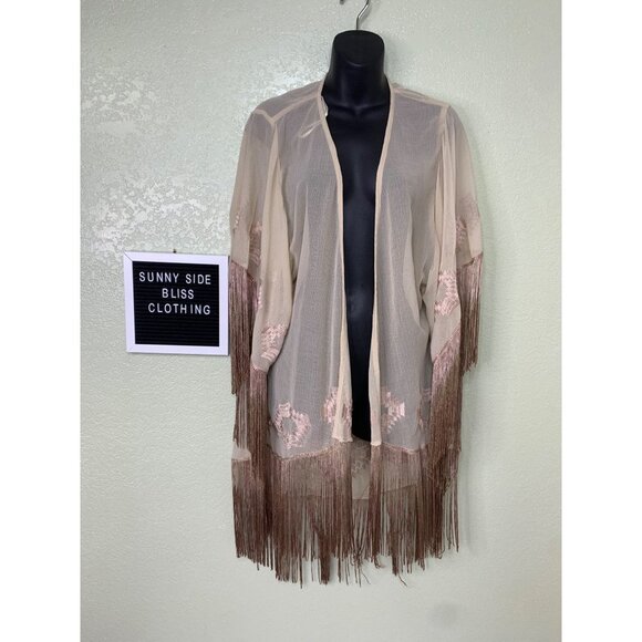 Judith March Cream Cardigan Duster With Embroidery And Brown Fringe Size Medium - Picture 1 of 15